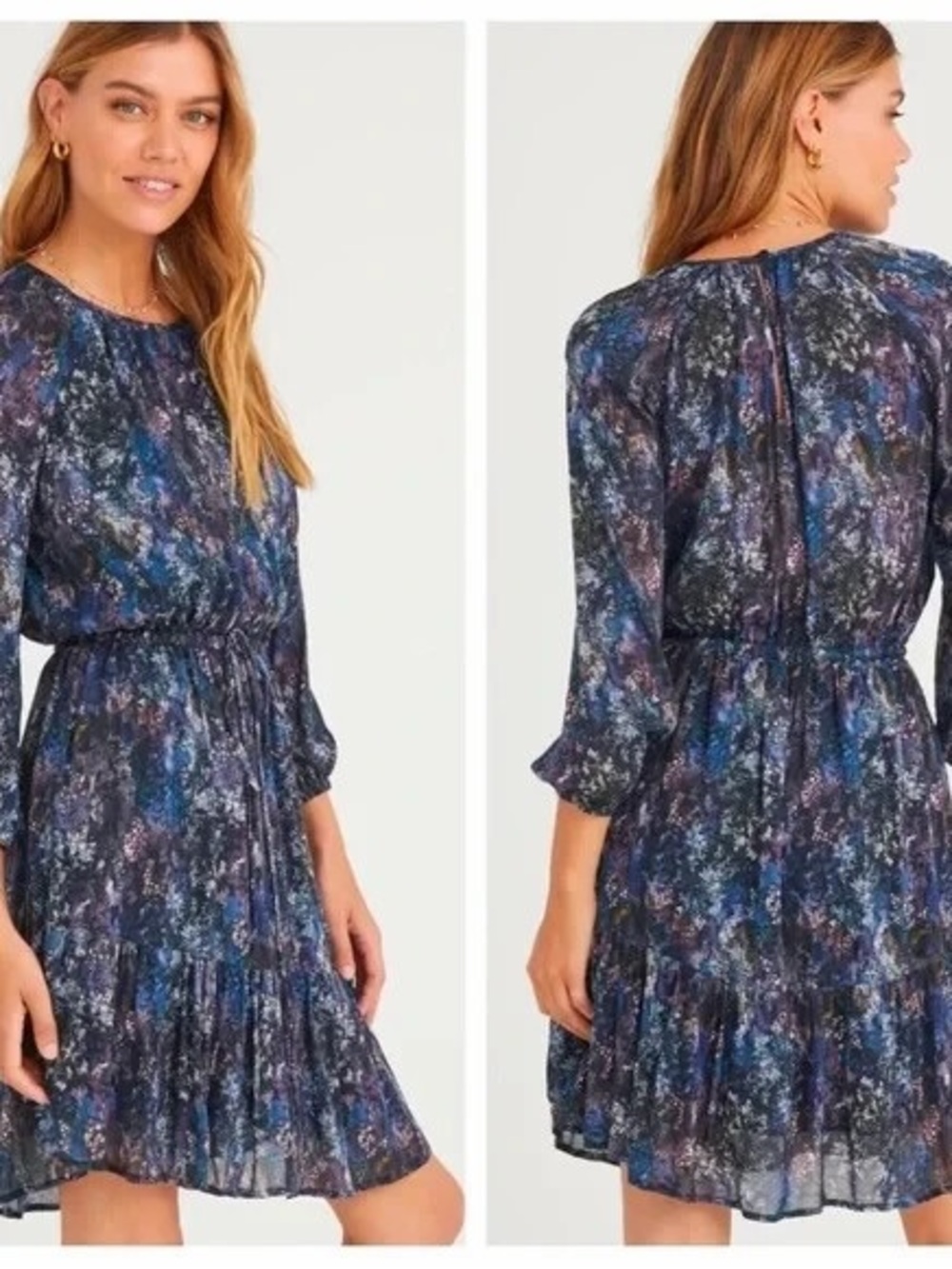 Bella Dahl Navy Floral Long-Sleeve Pleated Dress M